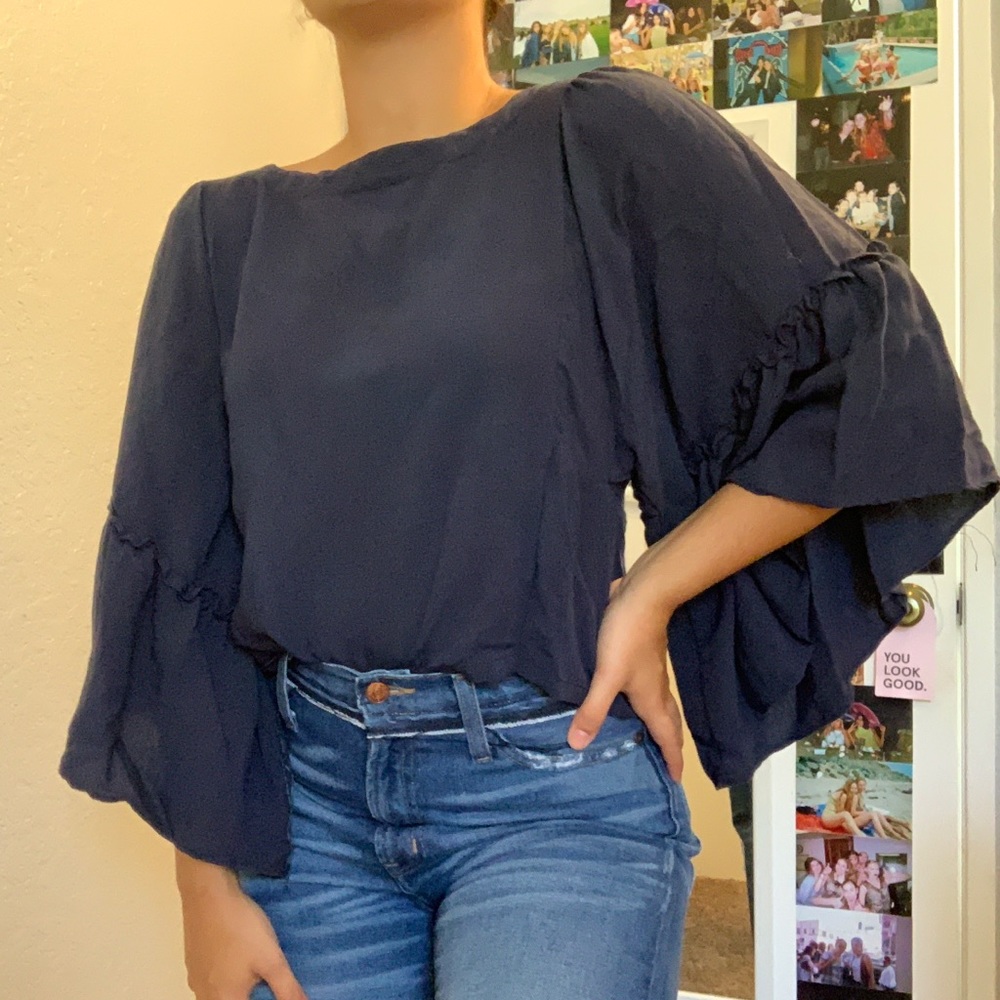 ballon sleeve navy blouse